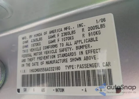 2006 Honda Accord 3.0 Ex из США, поврежденный, VIN 1HGCM66556A032180